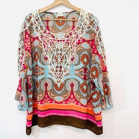 Chicos‎ 3 Blouse XL/16 Crochet Lace Artsy Boxy Dolman Sleeve Lightweight Travel - Picture 1 of 11